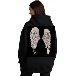 Womens Hoodie Angel Wings Sweatshirt Wings Graphic Black and White XXL